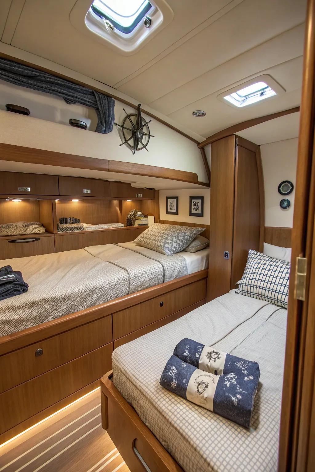 Bedding built with space-saving features for a tidy cabin.