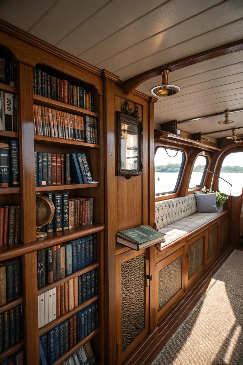 Built-in bookshelves containing a collection of nautical books in a boat's saloon.