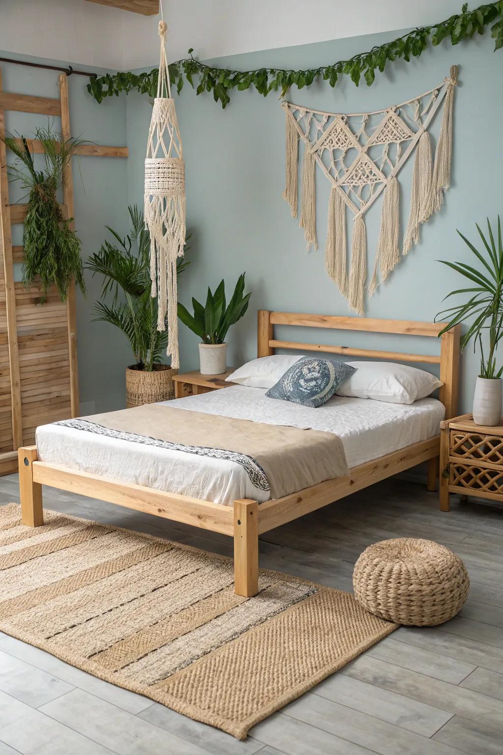 The coastal design is complemented by minimalist wood furnishings.