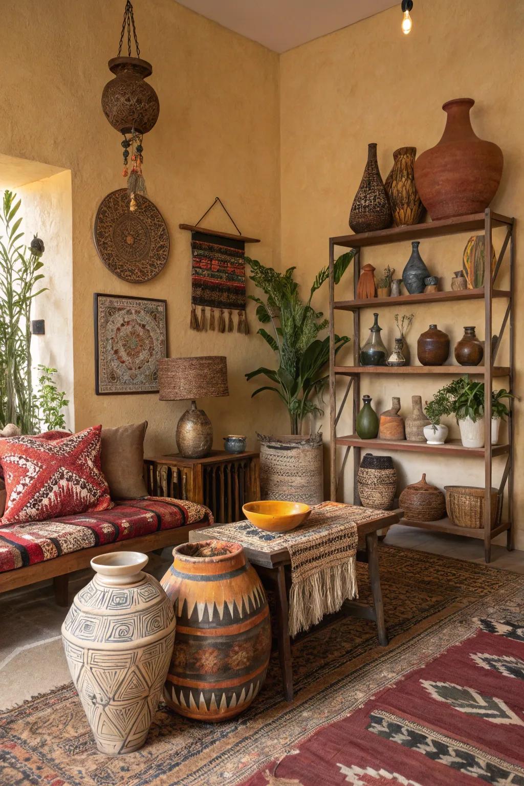 A display of unique handmade items in a bohemian setting.