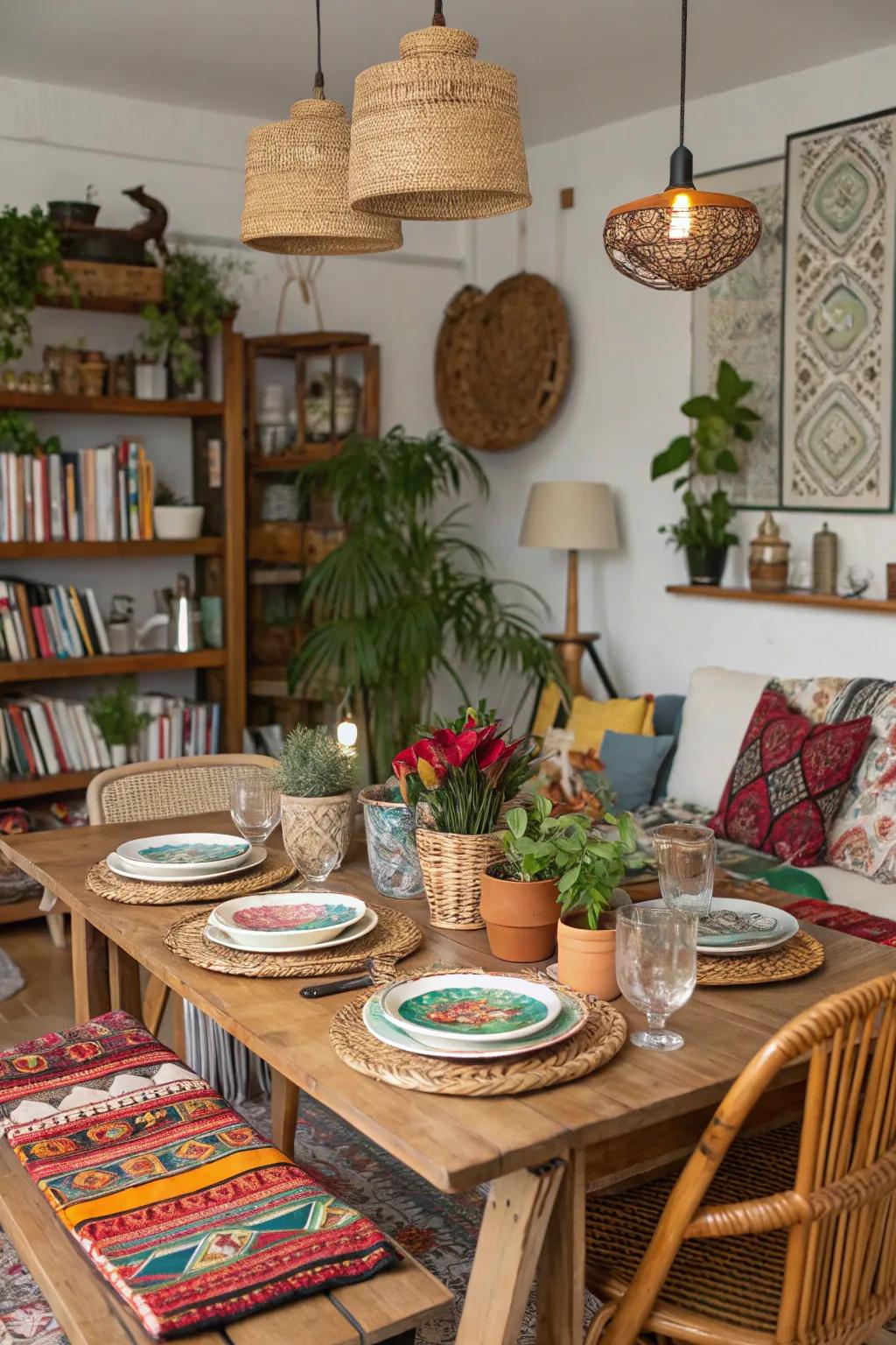 A casual setup inviting relaxation in a boho dining room.