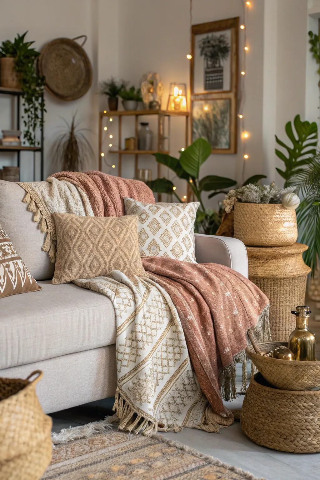Textured covers add warmth and comfort to the boho glam space.