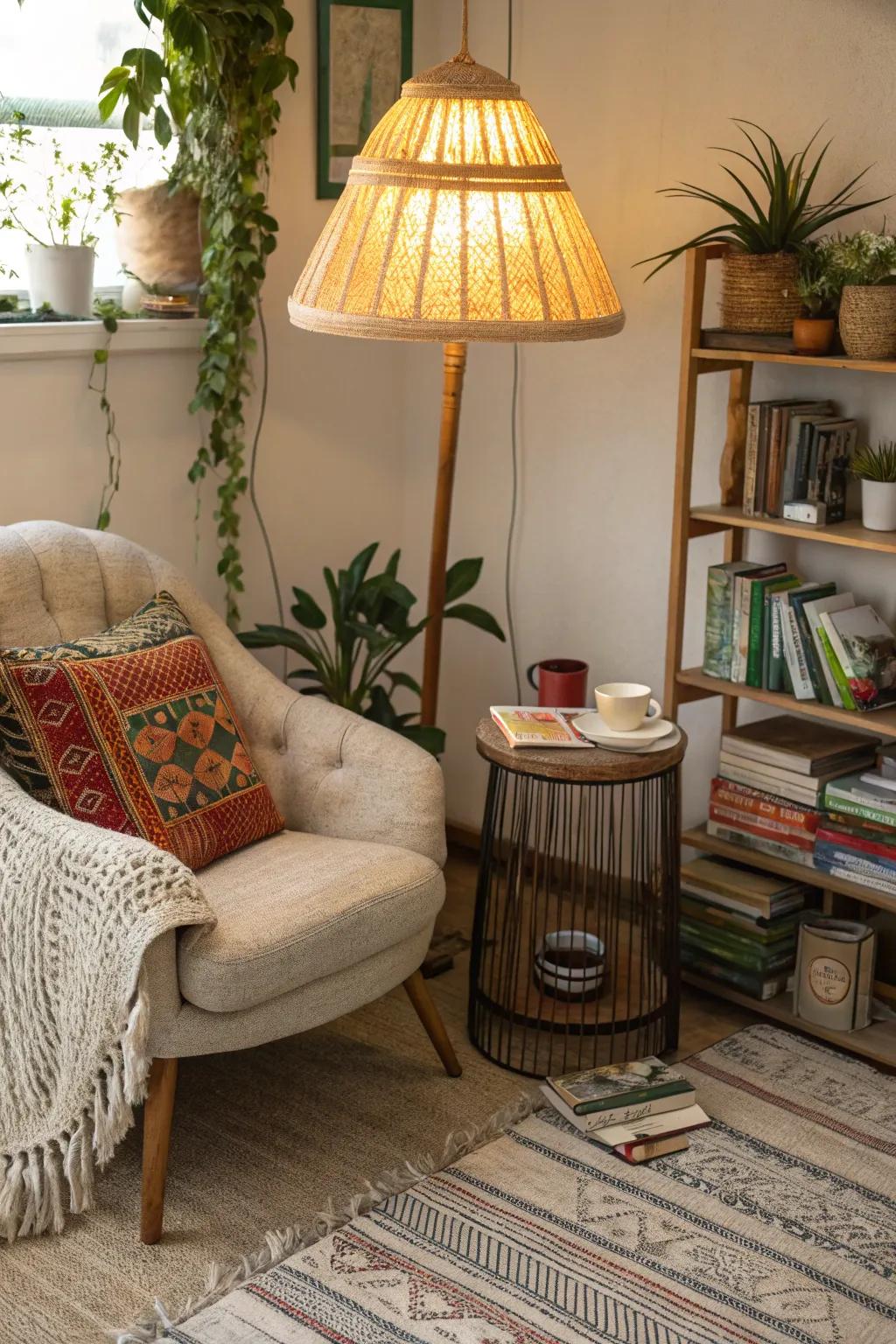 A raw fiber lampshade adds warmth to a reading corner.