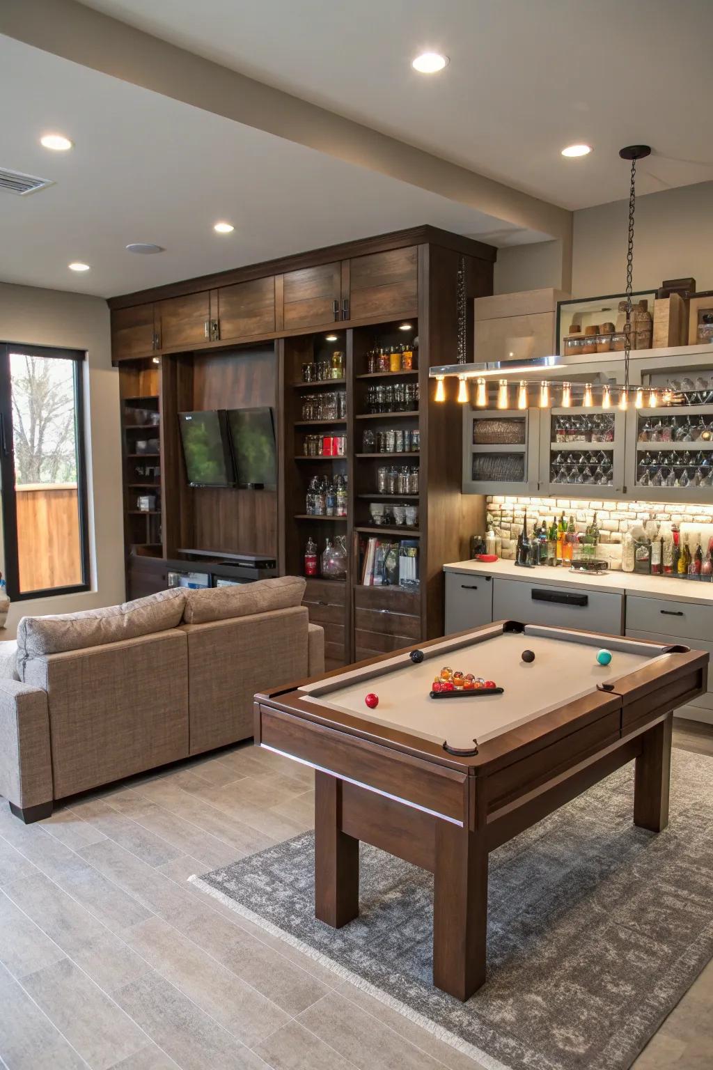 Maximize space using multiuse furniture in your game room.