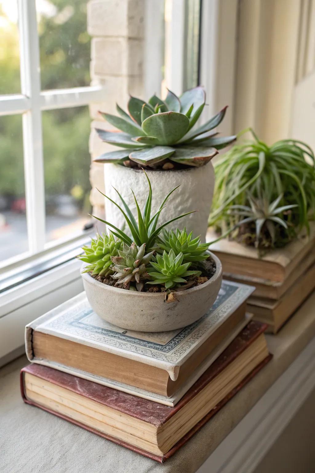 A mini garden centerpiece brings life to a collection of books.