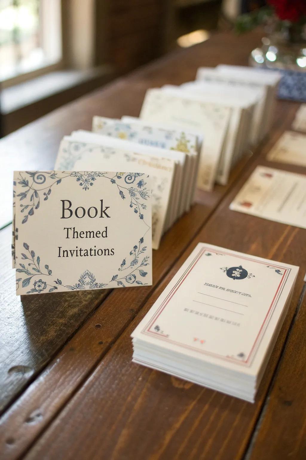 Invitations designed as library cards for an authentic feel.