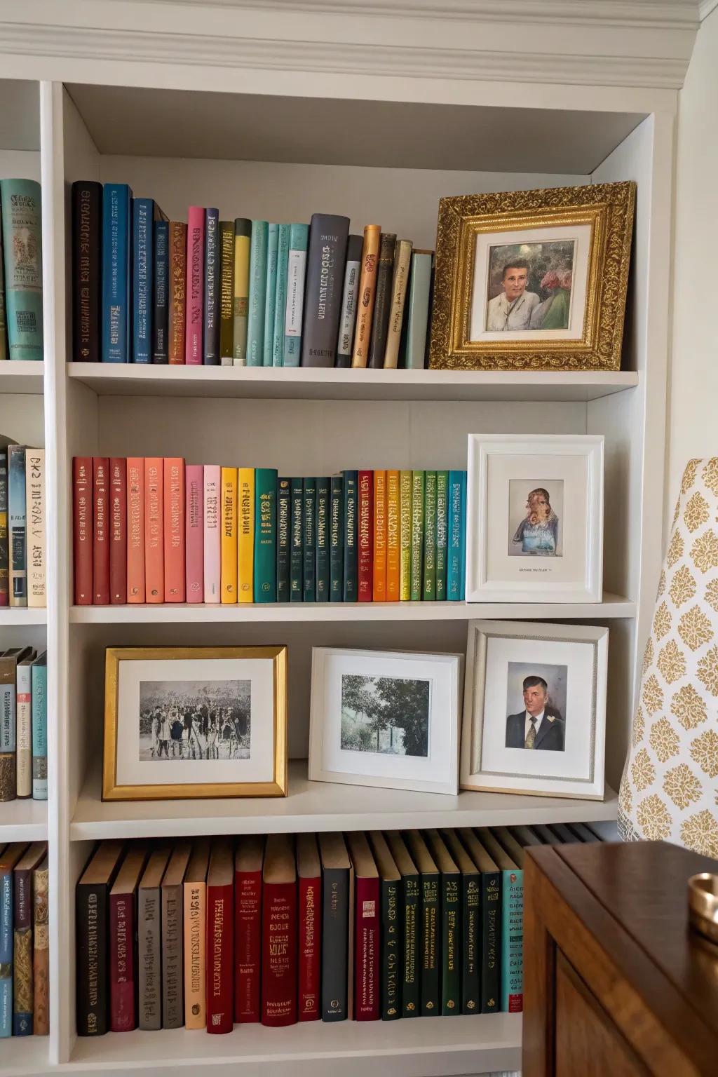 Artwork and images add a personal touch to a bookshelf display.