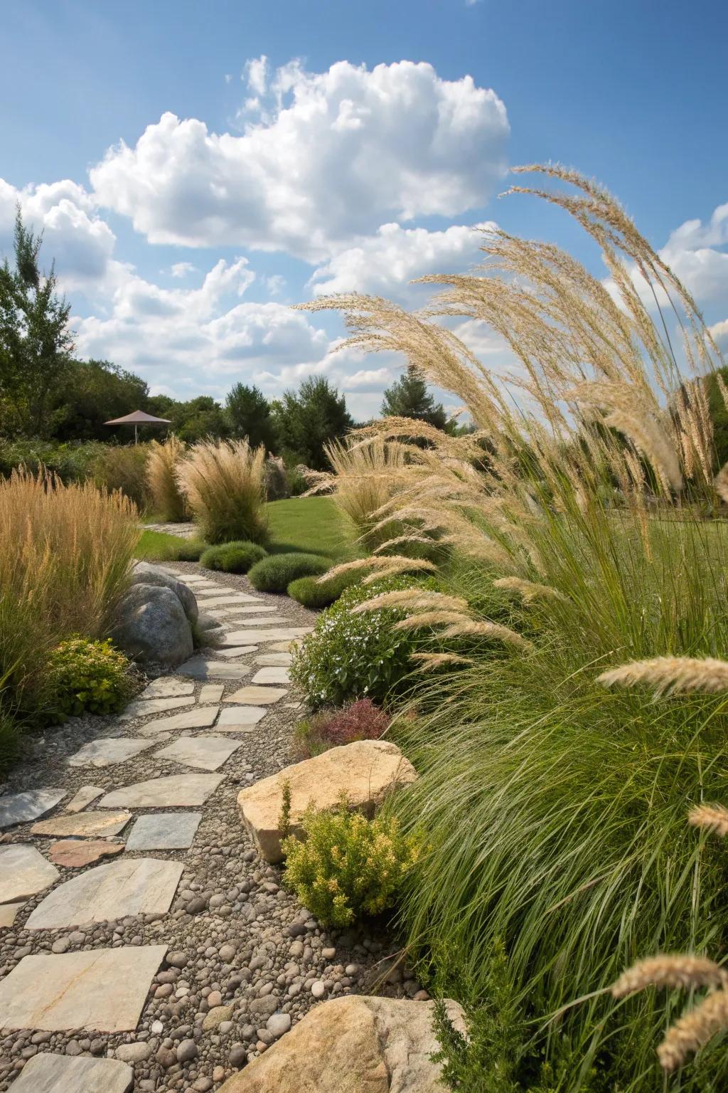 Stone elements provide natural contrast to decorative grasses.