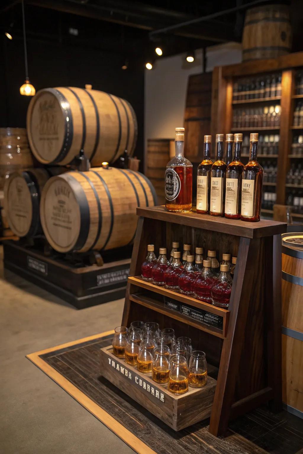 A barrel aging station adds authenticity to your bourbon corner.