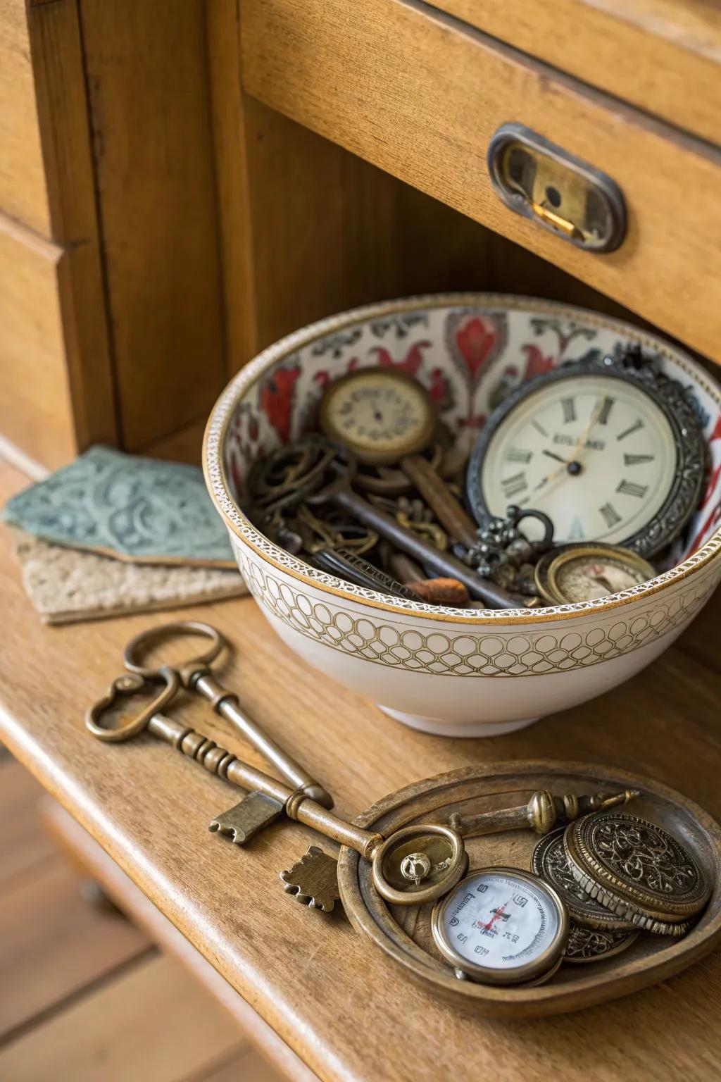 A vintage bowl filled with antique keys and watches
