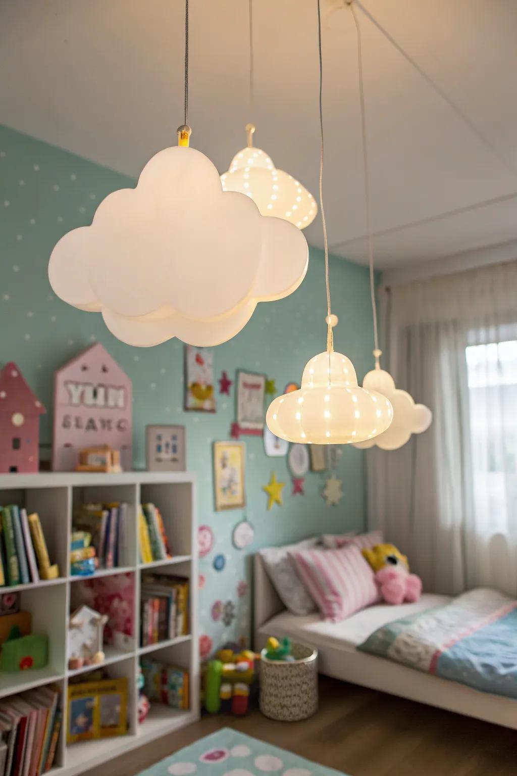 Playful illumination like cloud-shaped lamps adds magic to the space.