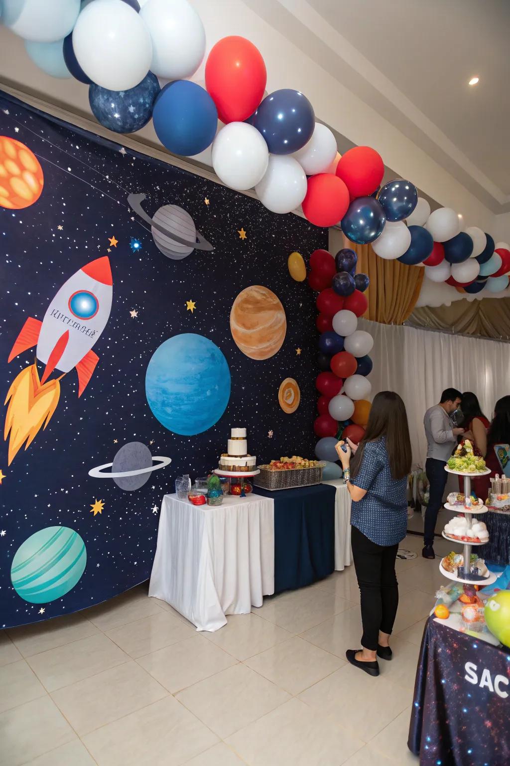 A space-themed baby shower featuring celestial and cosmic items