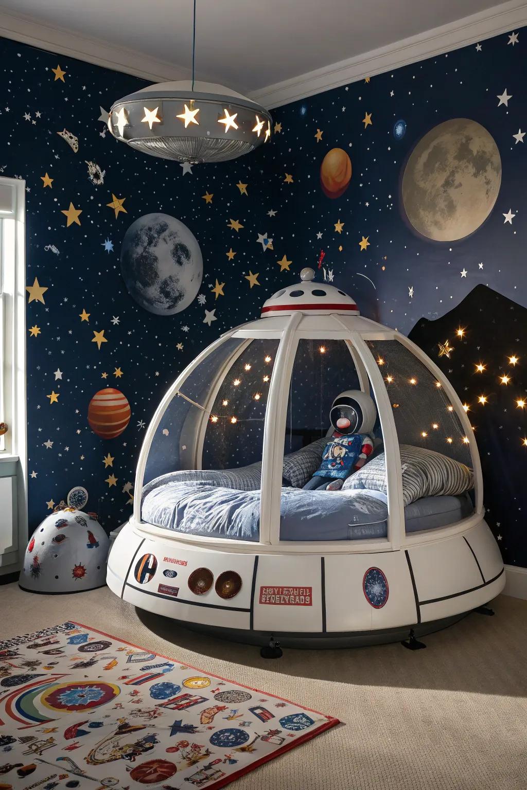 Launch into slumber within a cosmonaut's pod four-poster bed.
