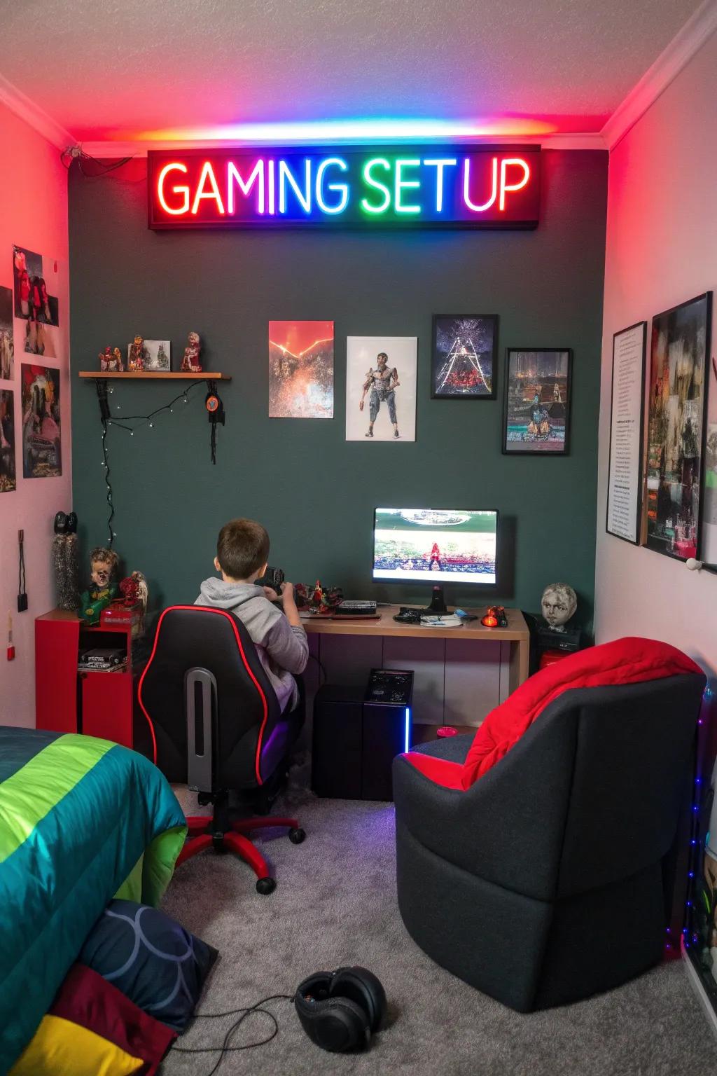 A luminescent emblem casts a lively glow across the gaming space.