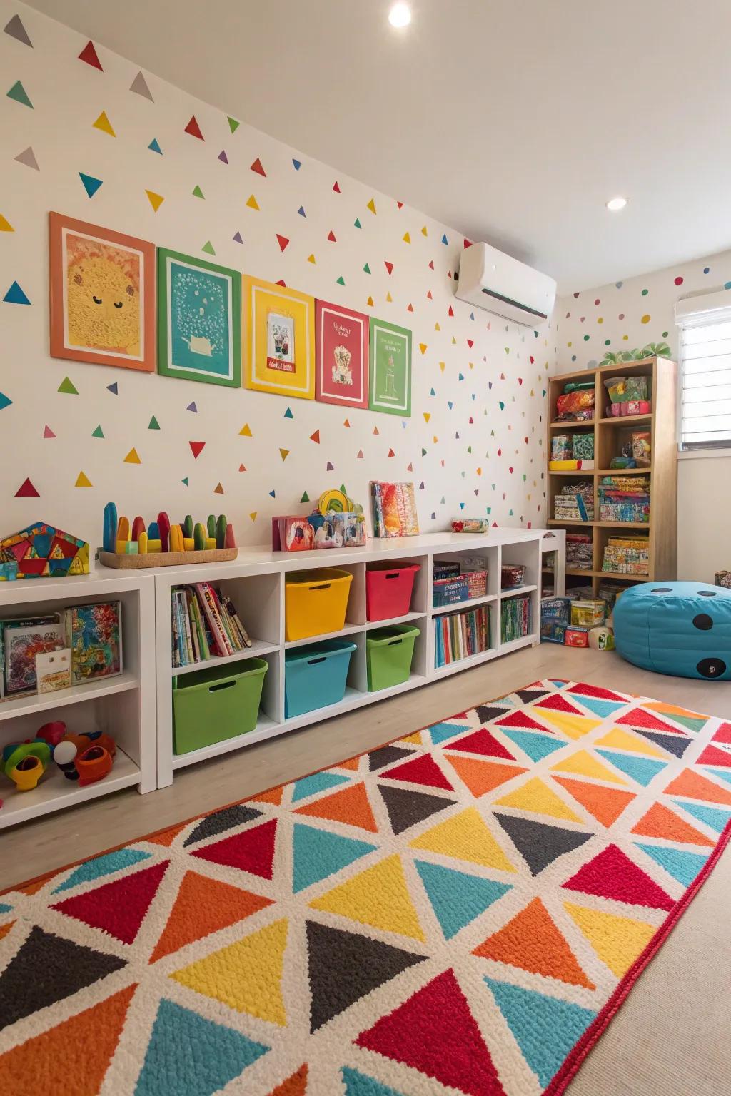 Bold colors and patterns that bring energy and fun to the playroom.