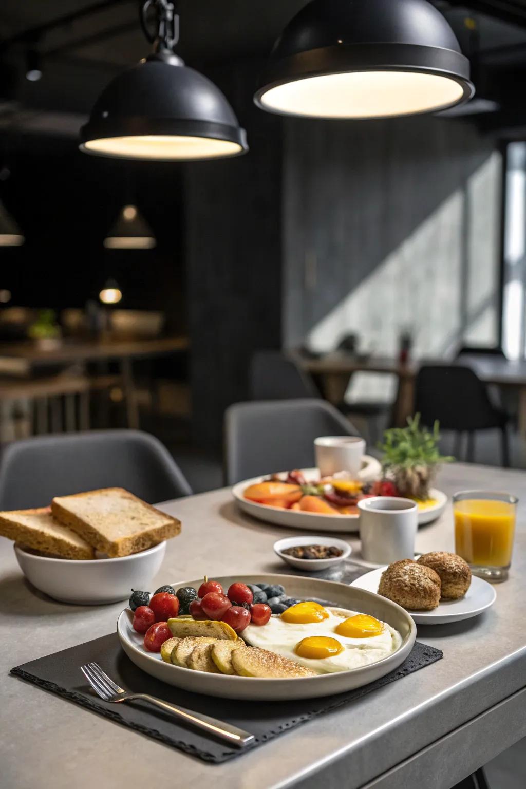 Production facility-style illumination affixing a modern sharpness to a breakfast table.