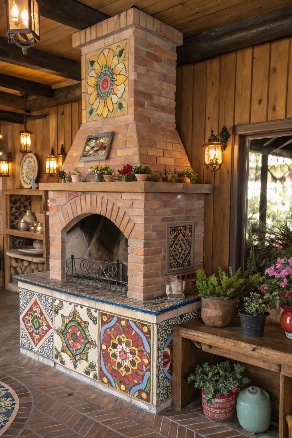 A brick hearth adorned with vibrant mosaic tiles for an artistic touch.