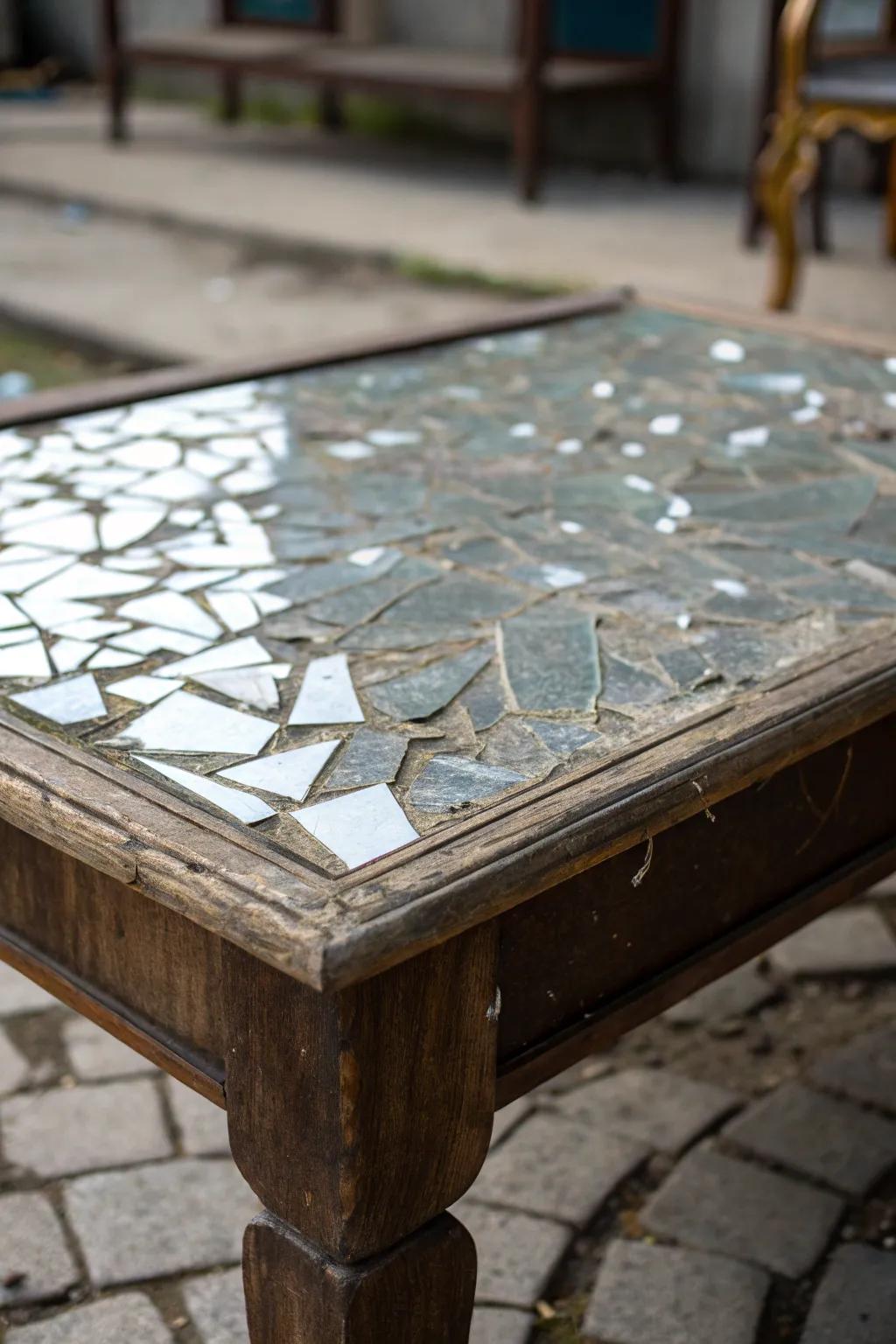 A mirror-clad tabletop revitalizes every piece of aged furniture.
