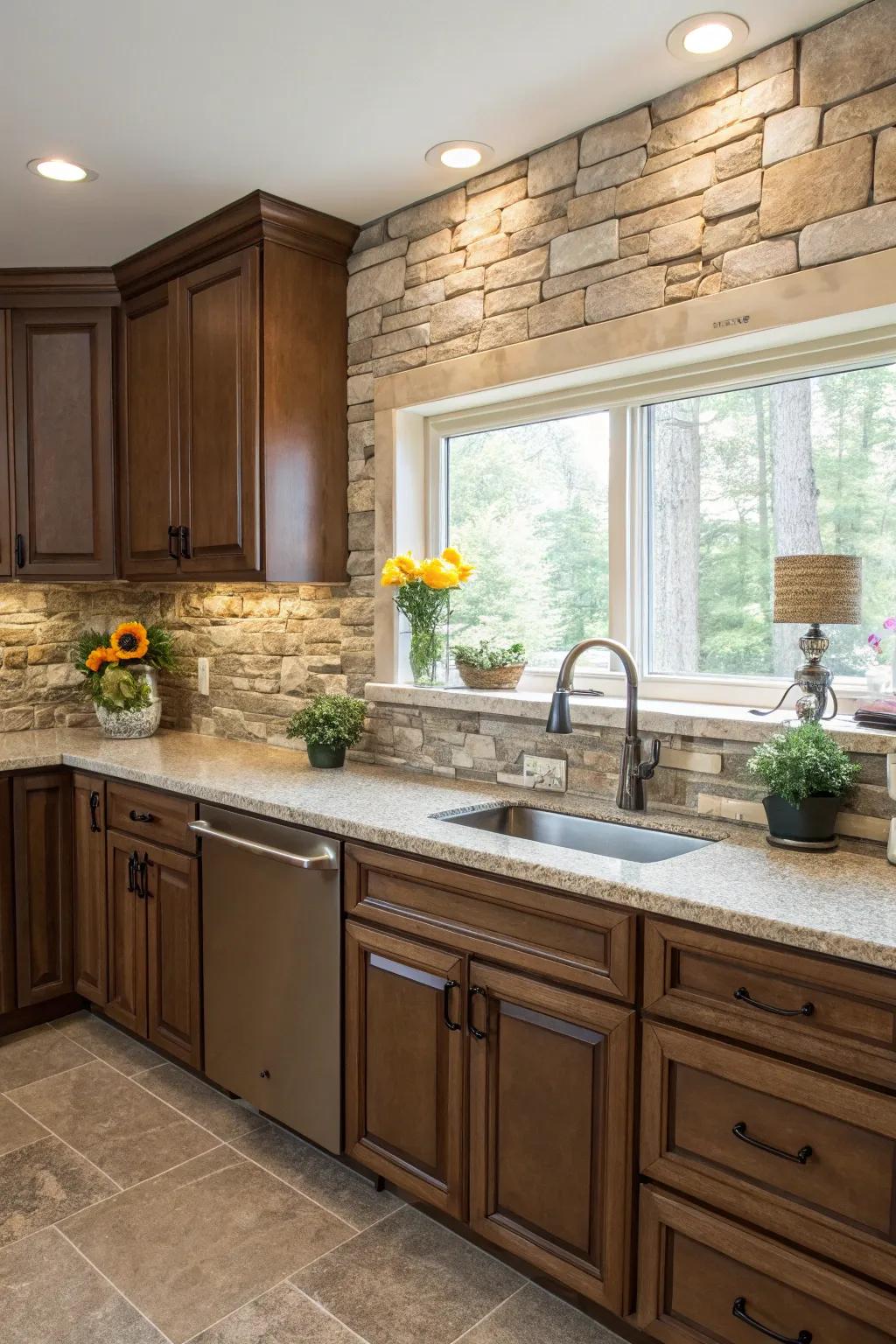 Organic textures like stone enhance timber's natural warmth.