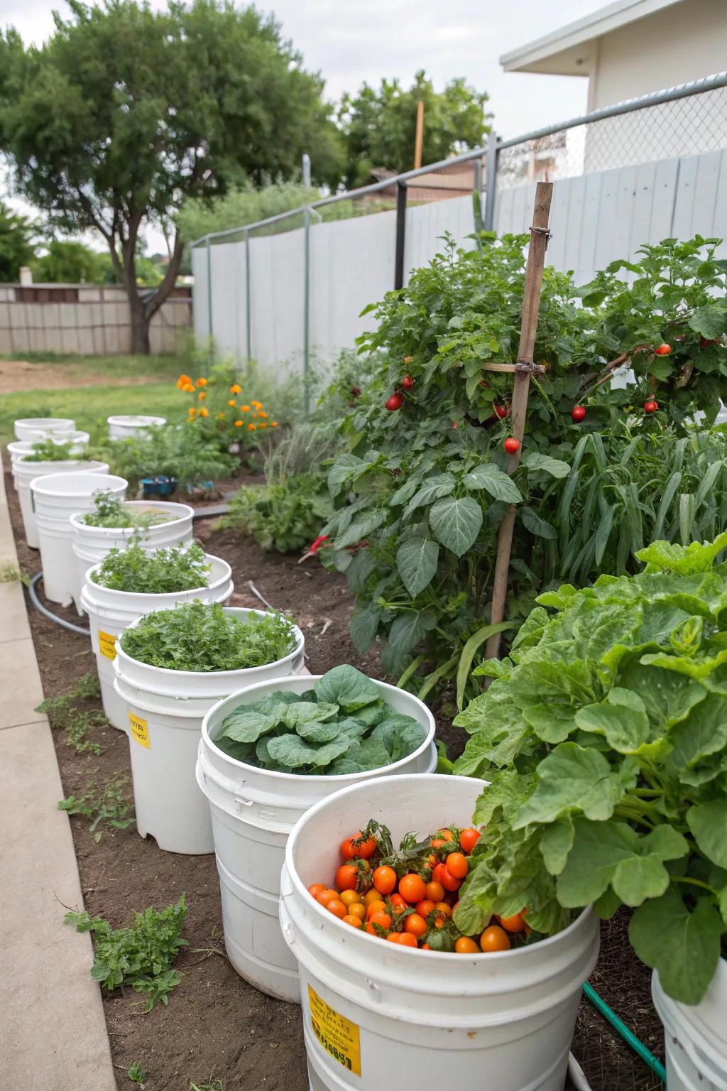 A variety of vegetables flourish in five-gallon containers.