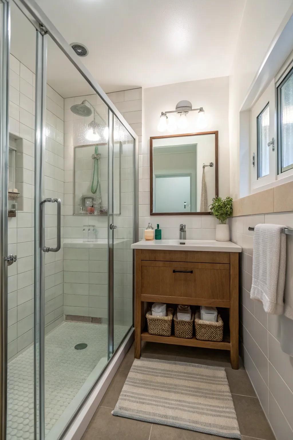 This compact bathroom is made larger by an open entry shower with glass doors.