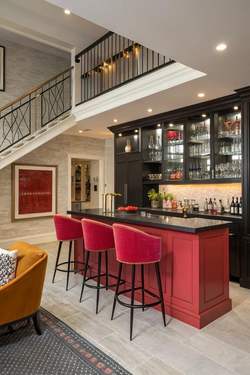 A daring color selection transforms the bar into the room's focal point.