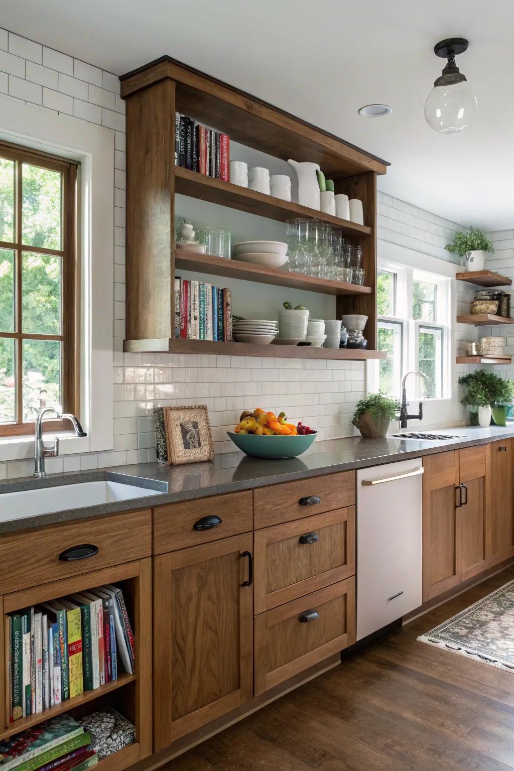 A bungalow kitchen featuring a mix of conventional cabinets and open shelving.
