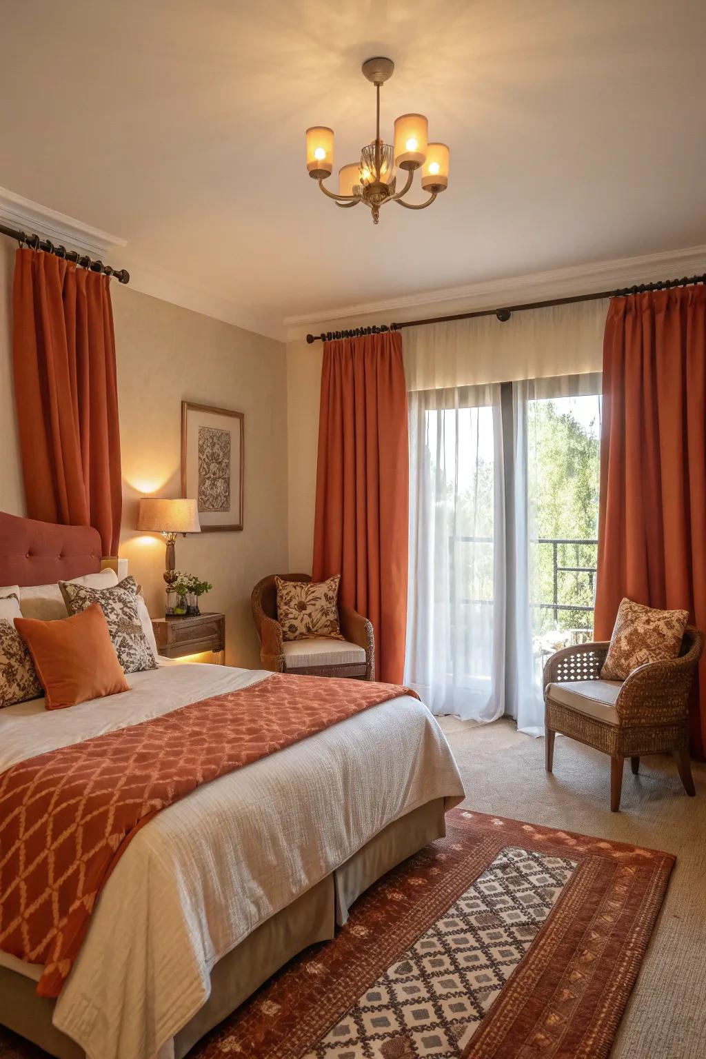 Burnt orange curtains not only add warmth but also beautifully filter natural light.