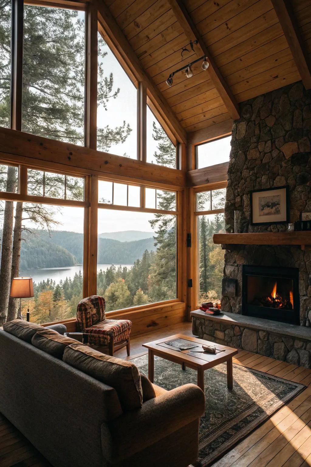 Large windows in a cabin living room maximizing natural light.