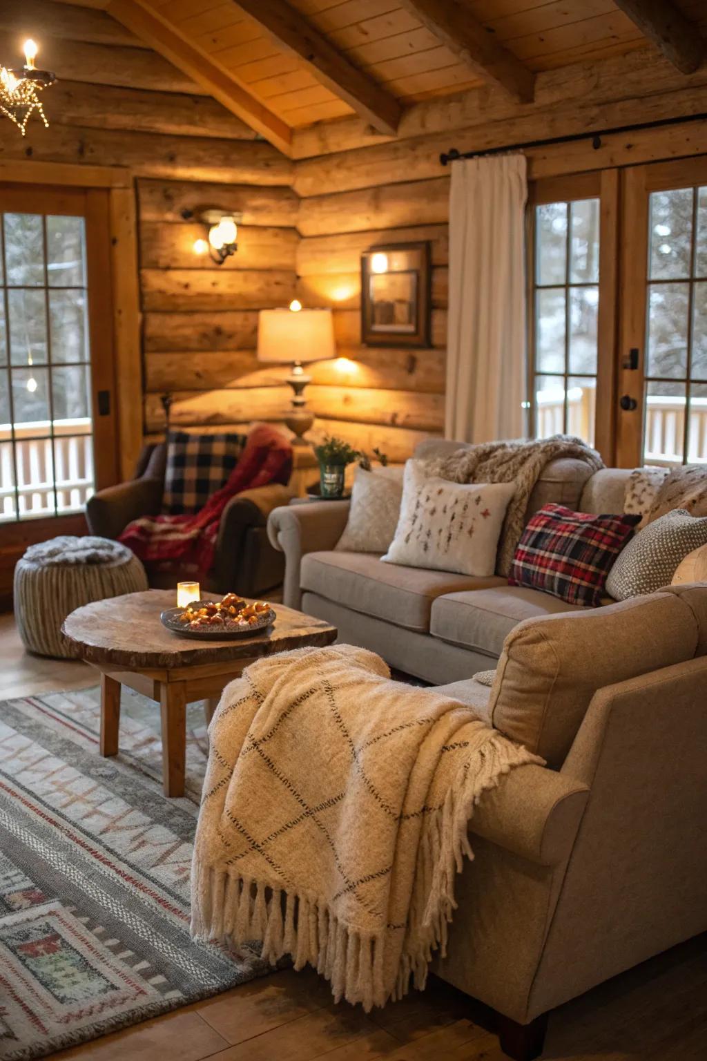 Cozy touches like throws and cushions complete this inviting space.