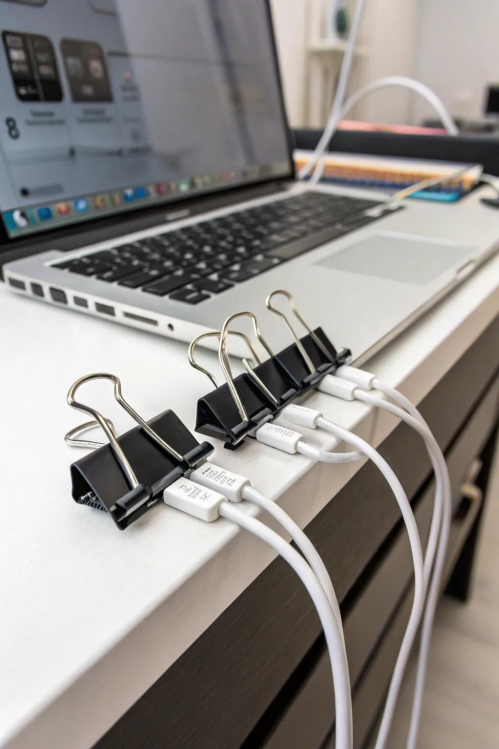 Fastening clasps maintaining orderly cables on a desk.