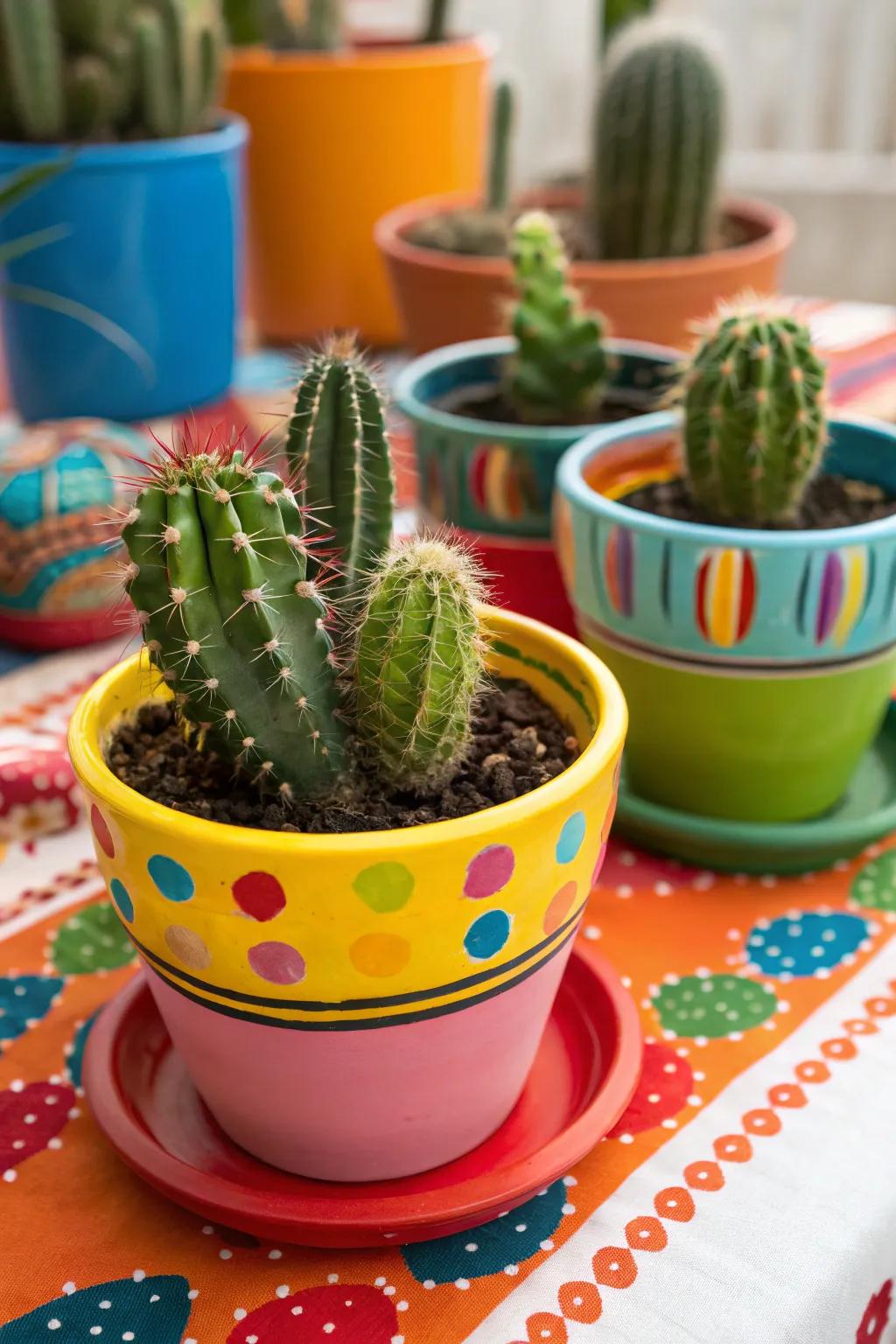 Radiant porcelain holders contribute a playful element to cactus exhibits.