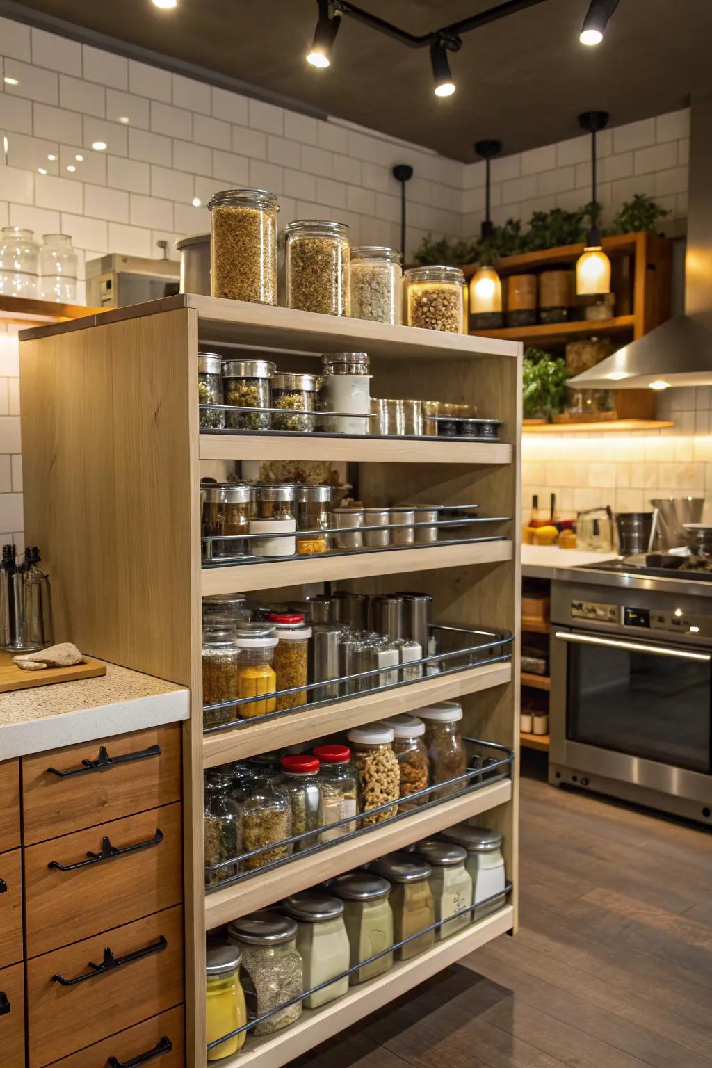 Brilliant storage options implemented in a cafe kitchen ensure a neat environment.