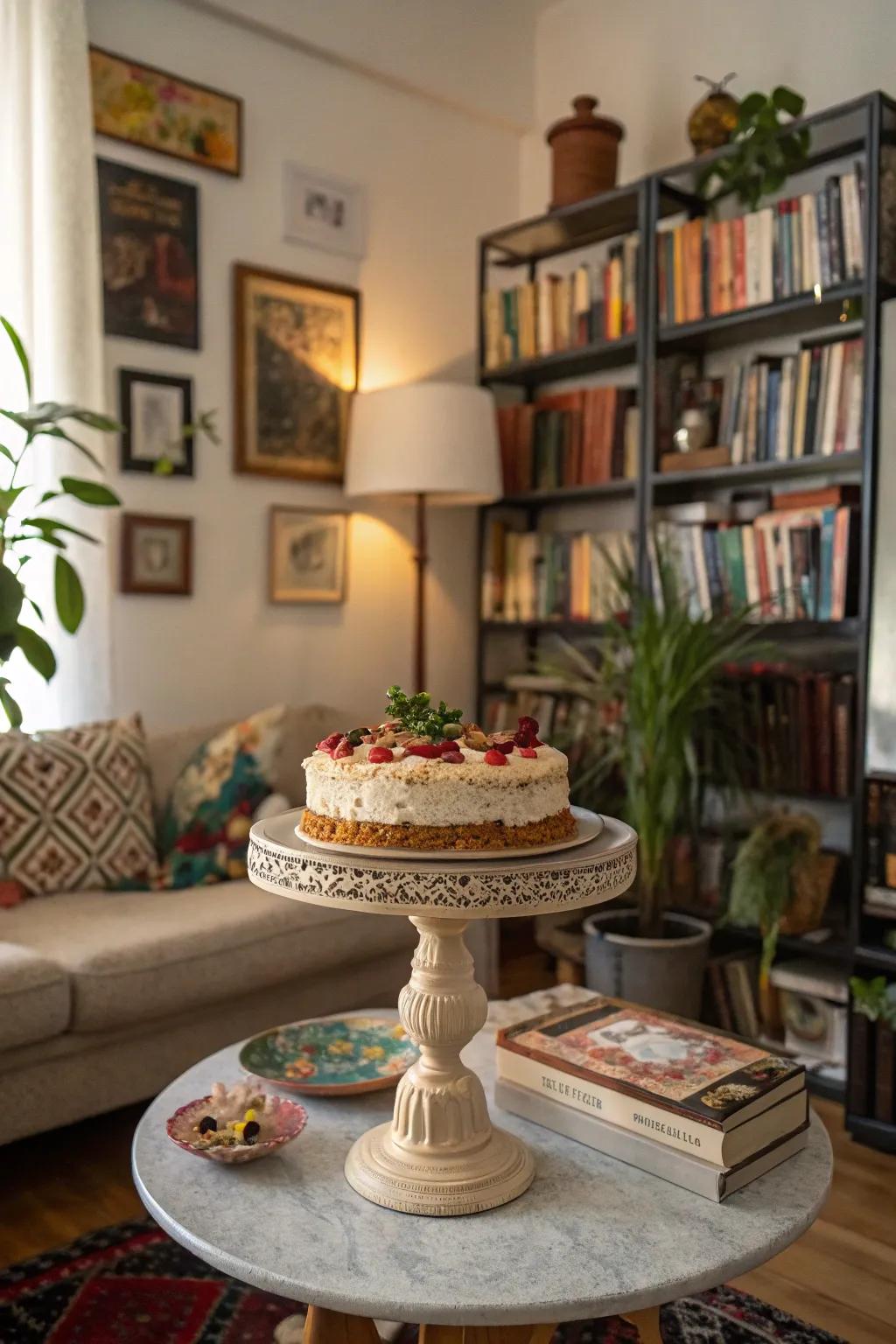 An eclectic cake stand display adds depth and interest to your decor.