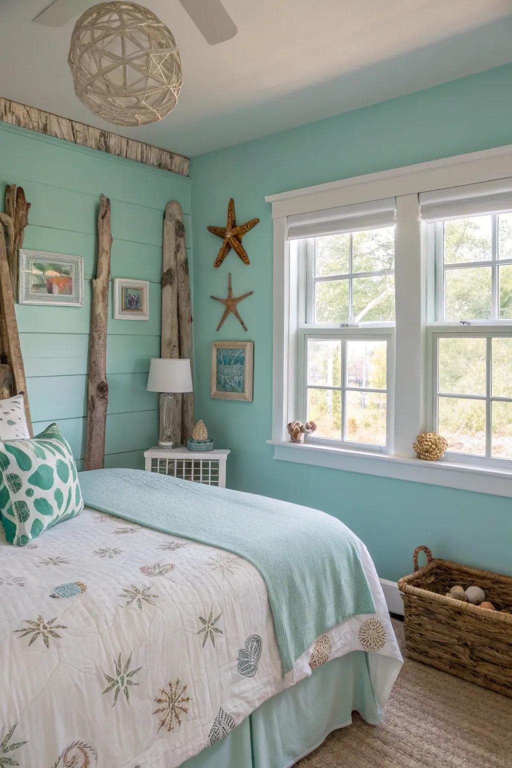Lagoon shades forge a revitalizing and peaceful bedroom.
