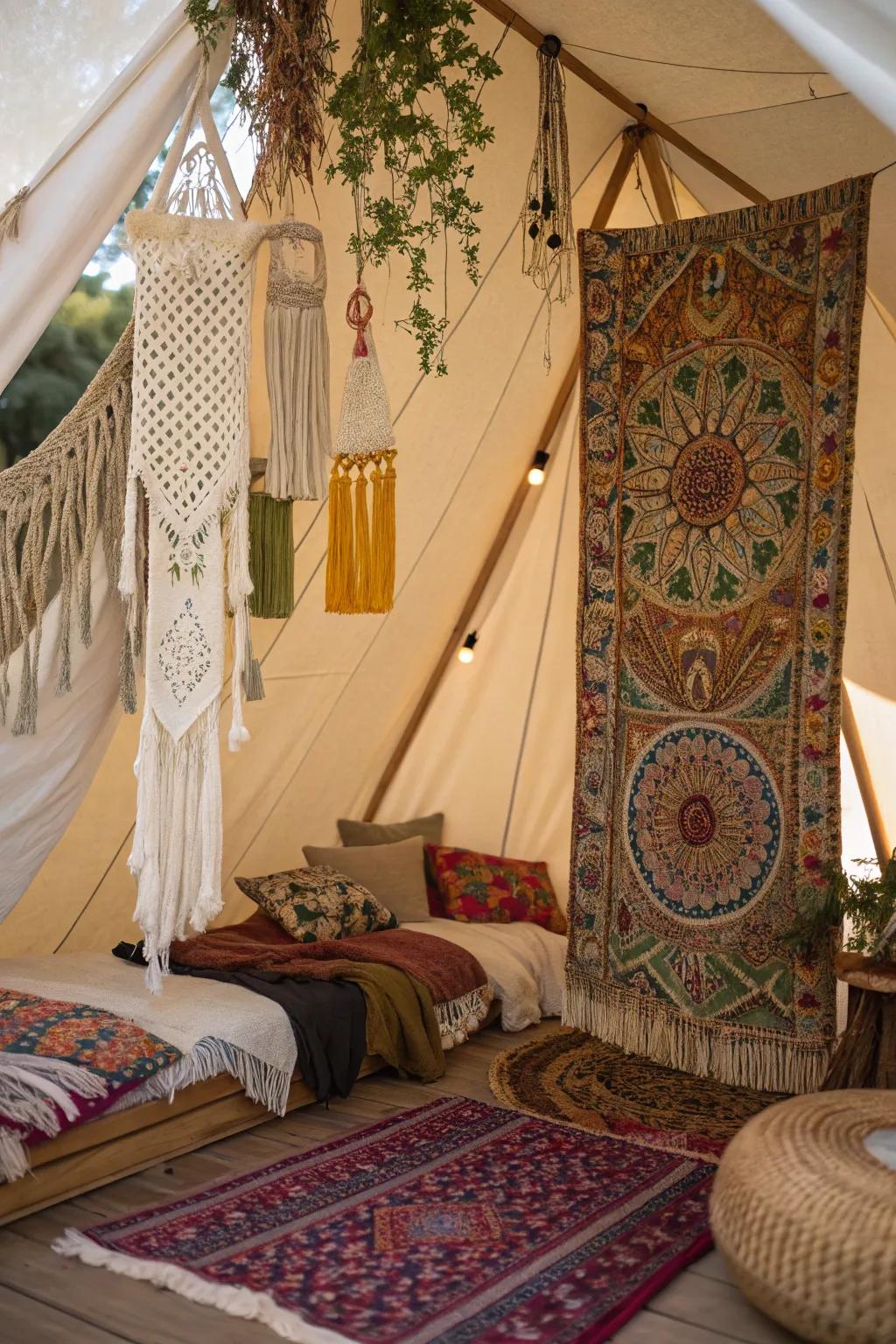 Append boho embellishments for a vibrant and kaleidoscopic tent interior.
