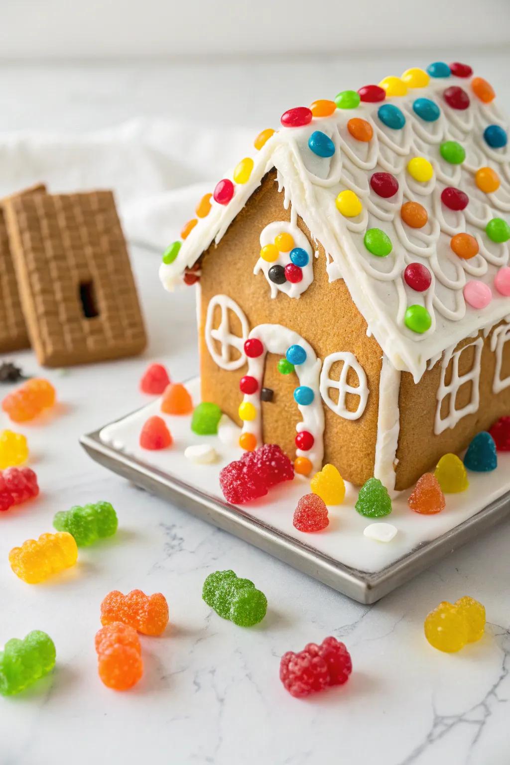 Gummy bears playfully positioned around the gingerbread house.