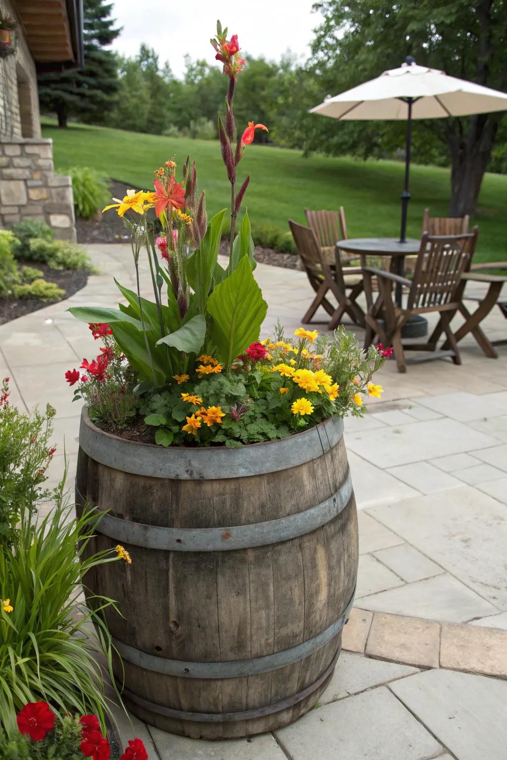 Rustic charm with glory plants and wildflowers in a wooden barrel.
