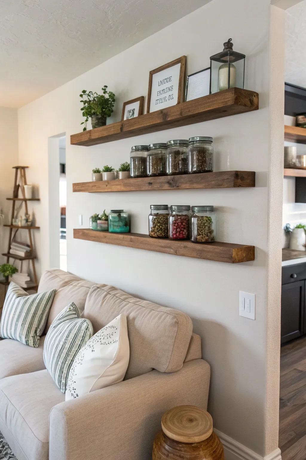 Get a clean and modern feel with floating shelves.
