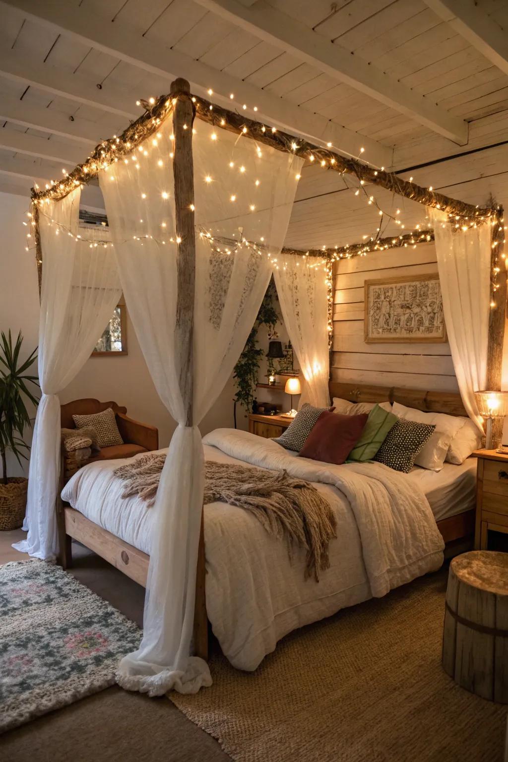String lights illuminate a draped bed, creating a magical effect.