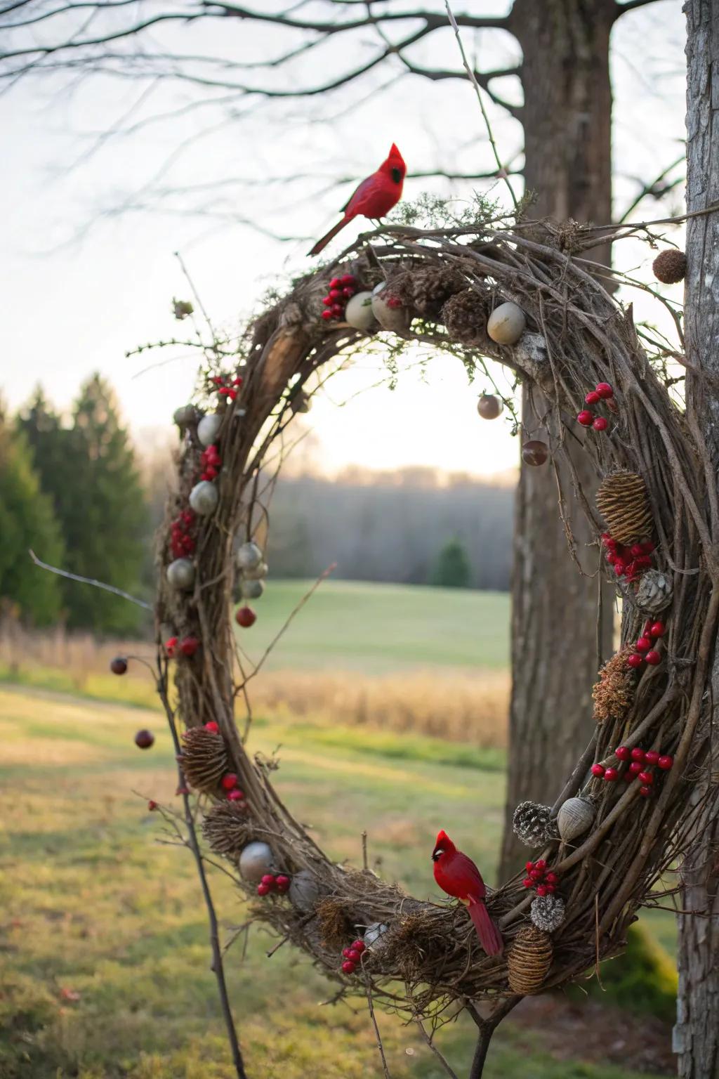 A nature-inspired wreath with cardinals and earthy components.