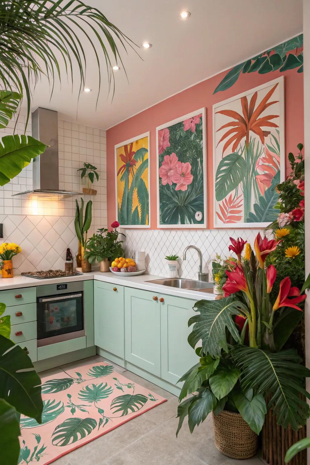 Tropical artwork adds personality and flair to the kitchen.