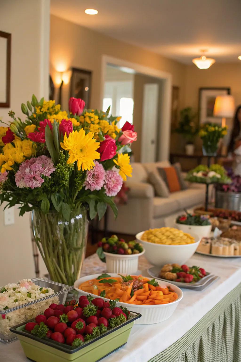 Fresh floral arrangements bring color and freshness.
