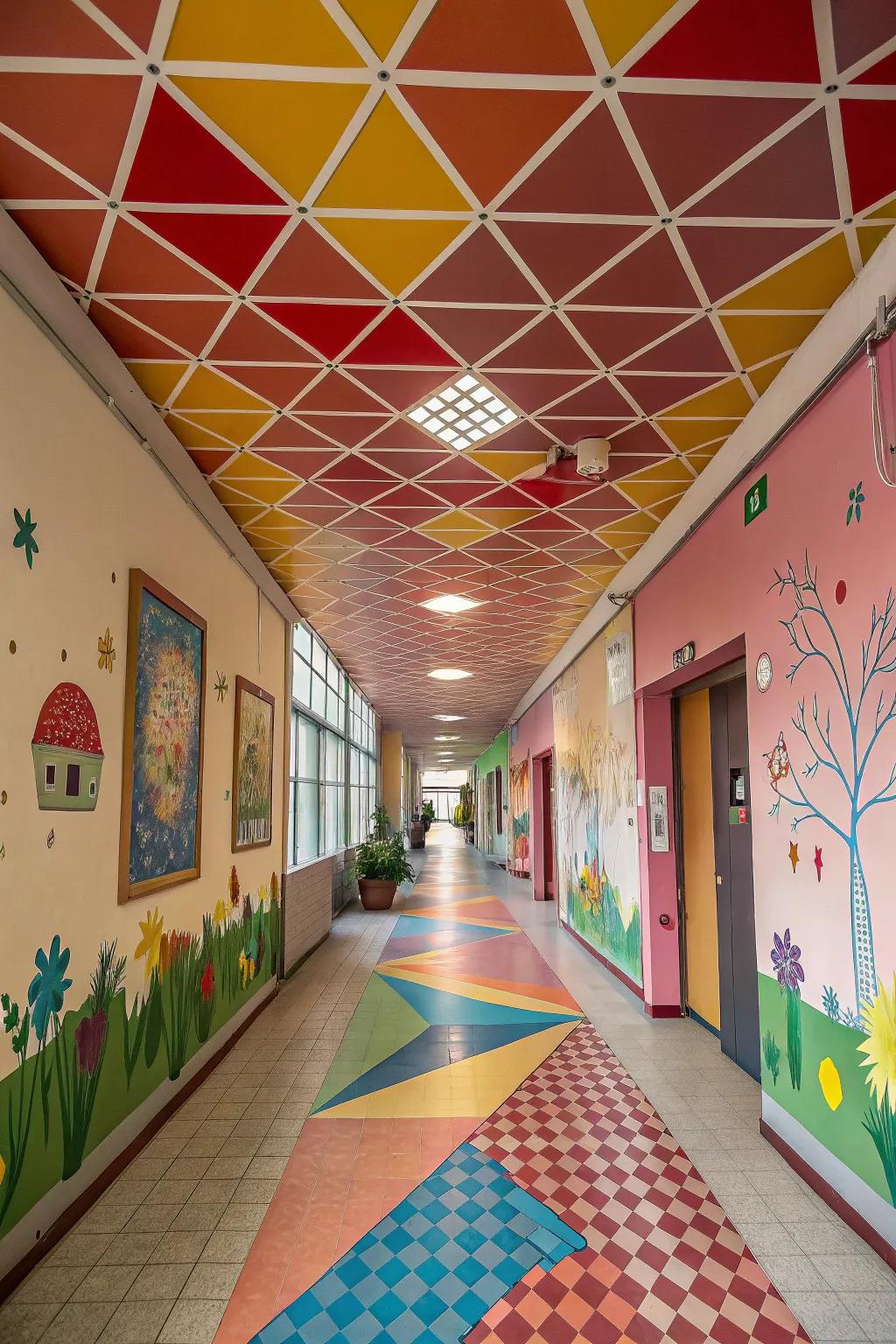 Introduce lively patterns using geometric ceiling surfaces.