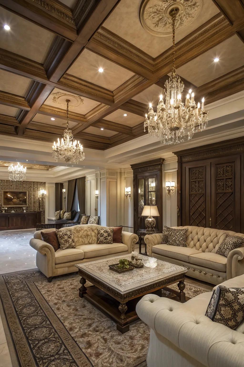 Coffered ceilings add depth and sophistication.