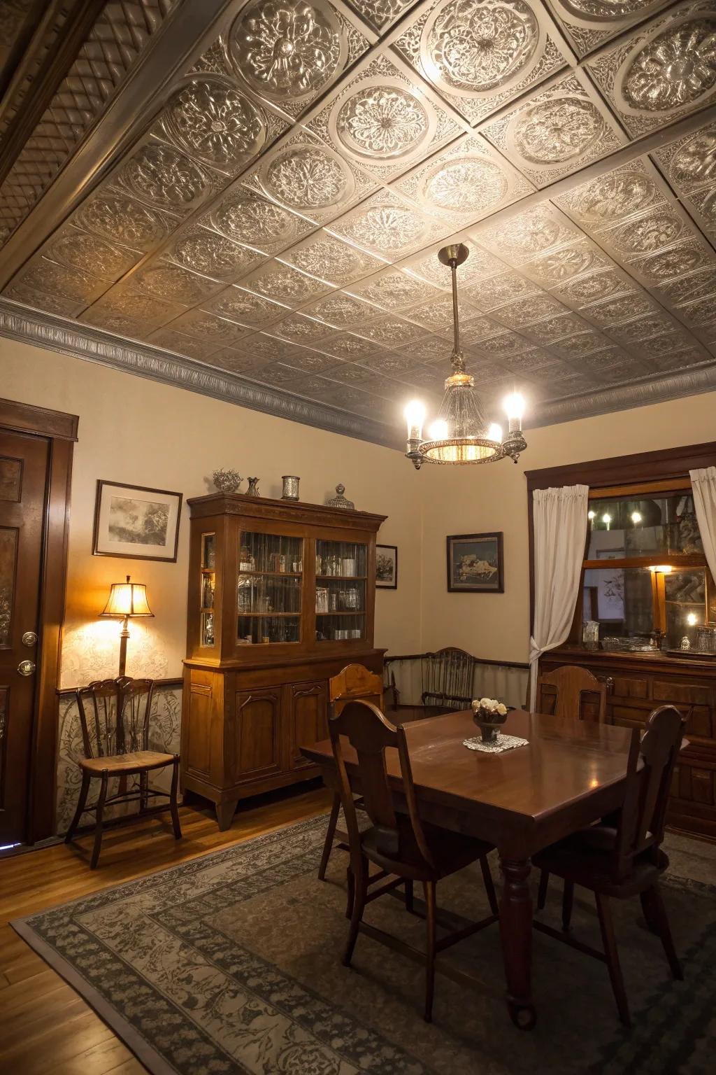 Tin tiles add vintage glamour to any ceiling.