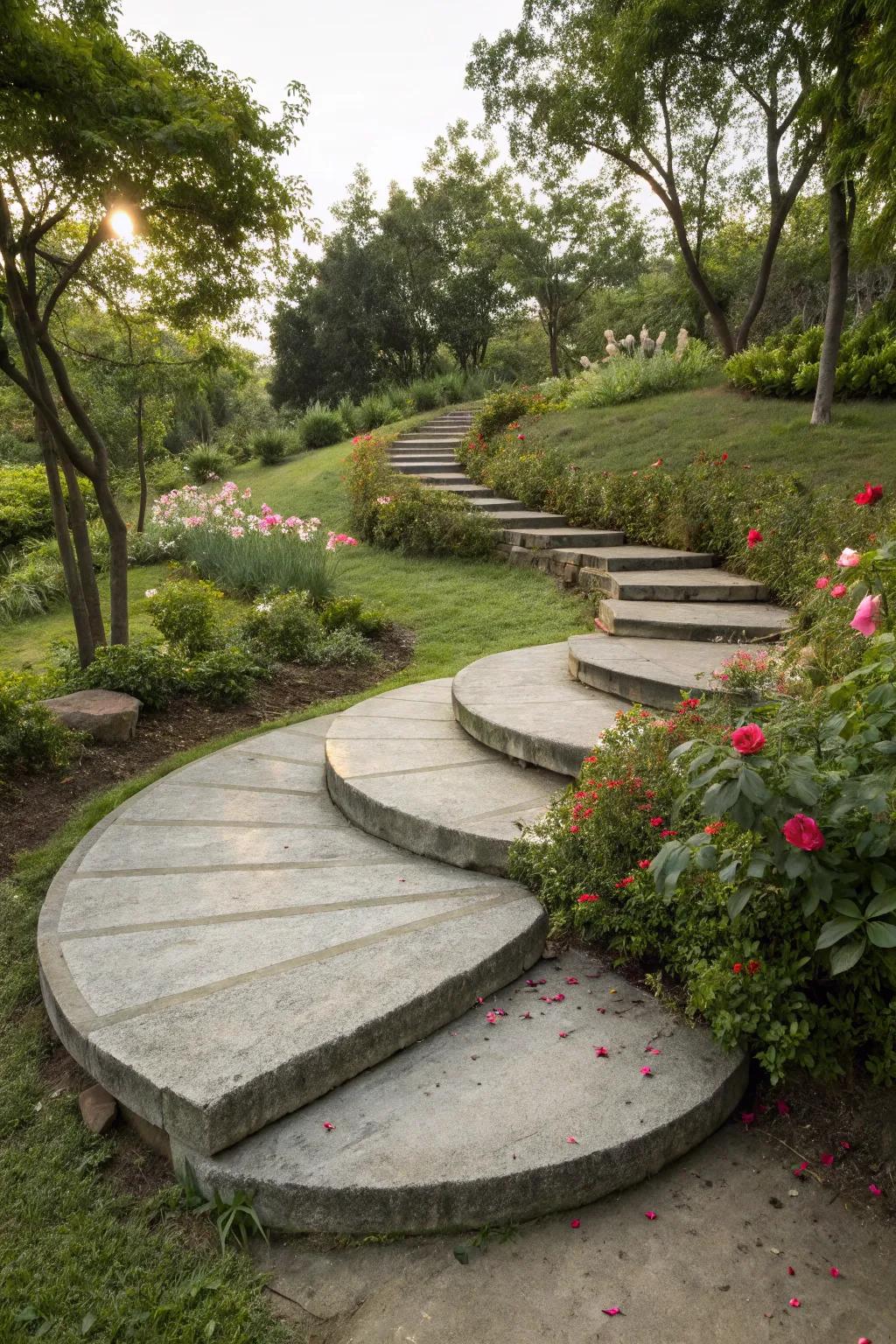 Circular concrete steps, infusing creativity into garden routes.