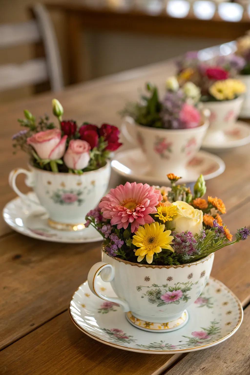Antique teacups filled with delicate flowers.