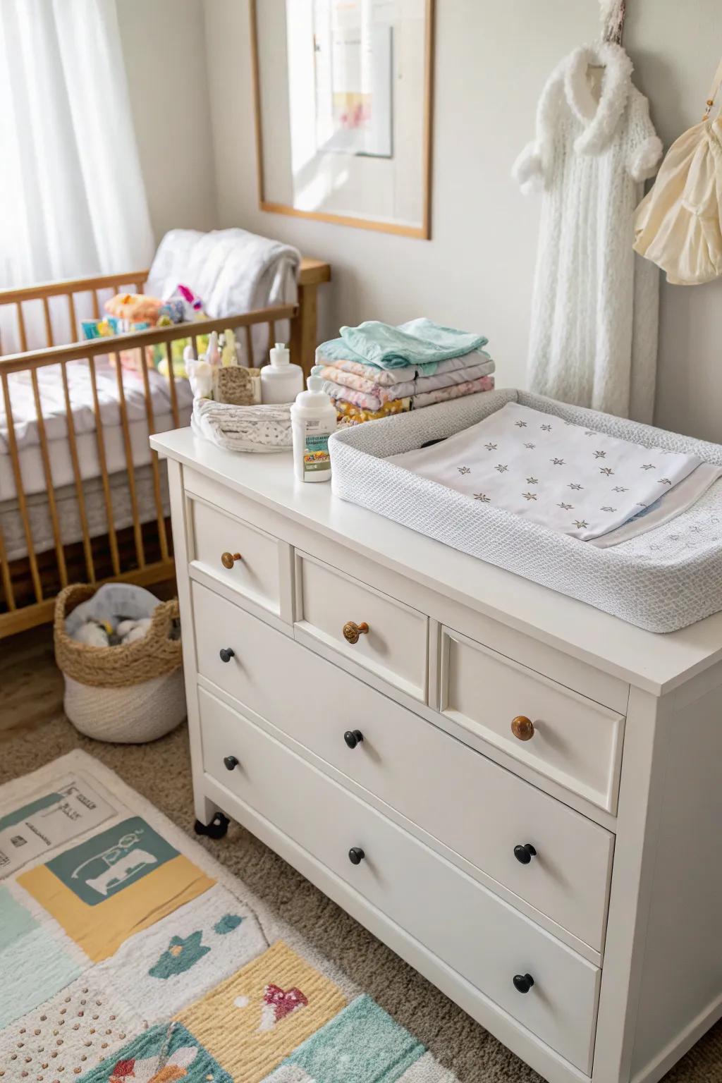 A chest of drawers serves dual purposes as a practical and stylish changing spot.