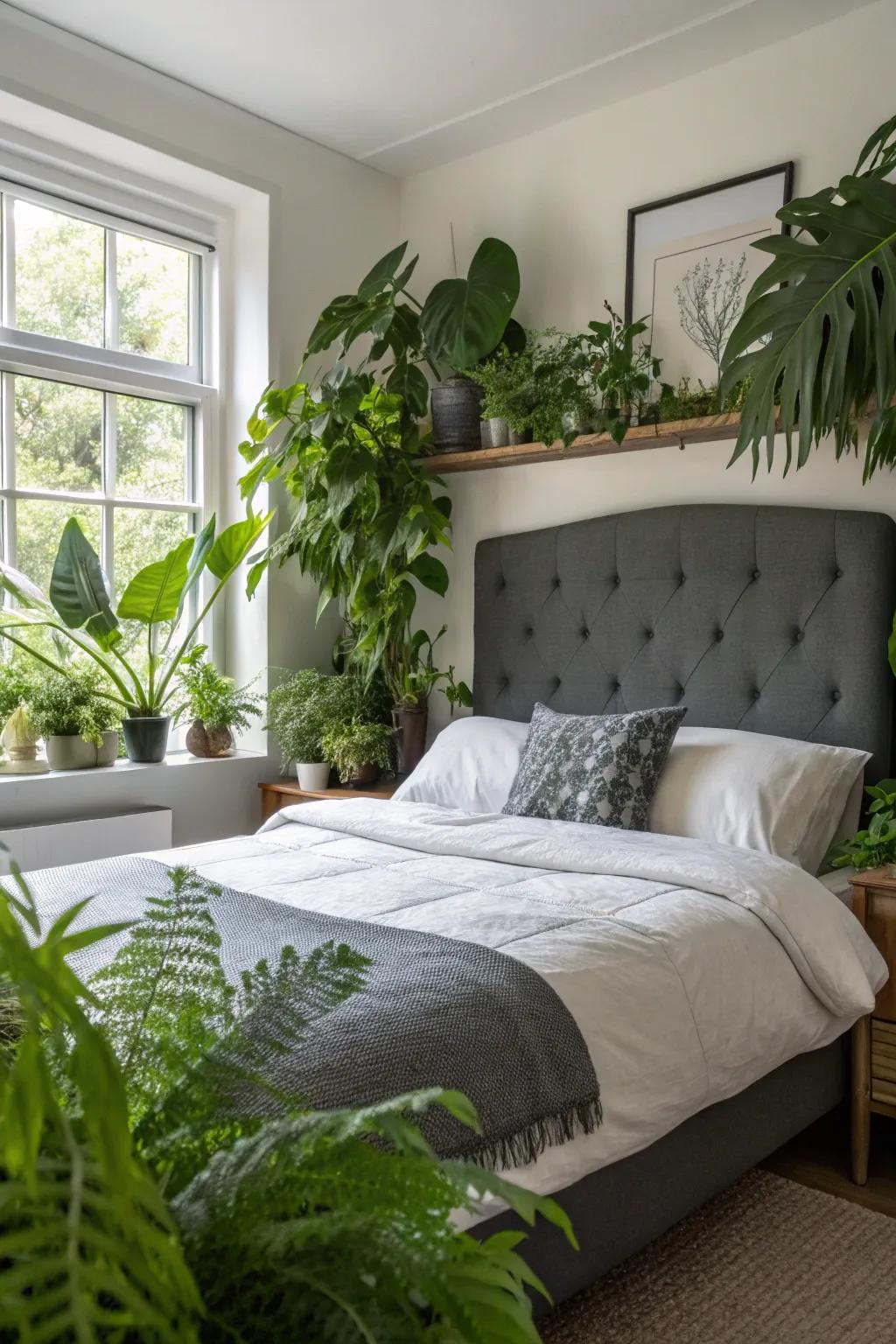 Greenery imparts a revitalizing impression to a dark grey headboard setting.